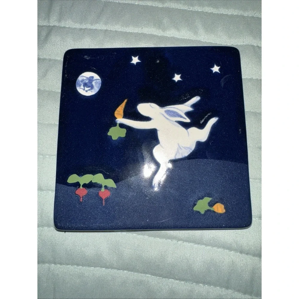 Karen Howell Ceramic Tile Trivet Dancing Rabbit Cobalt Blue Moon 1/4